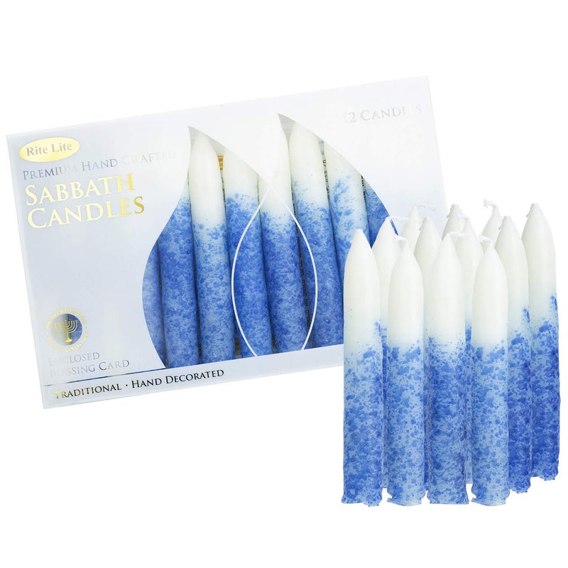 Rite Lite Blue & White Shabbat Candles Premium 12 Pack Traditional Dinner Table Jewish Household Shabbos Candles Religious Home Decor with Beautiful Gift Box & Artistic Card - Image 4